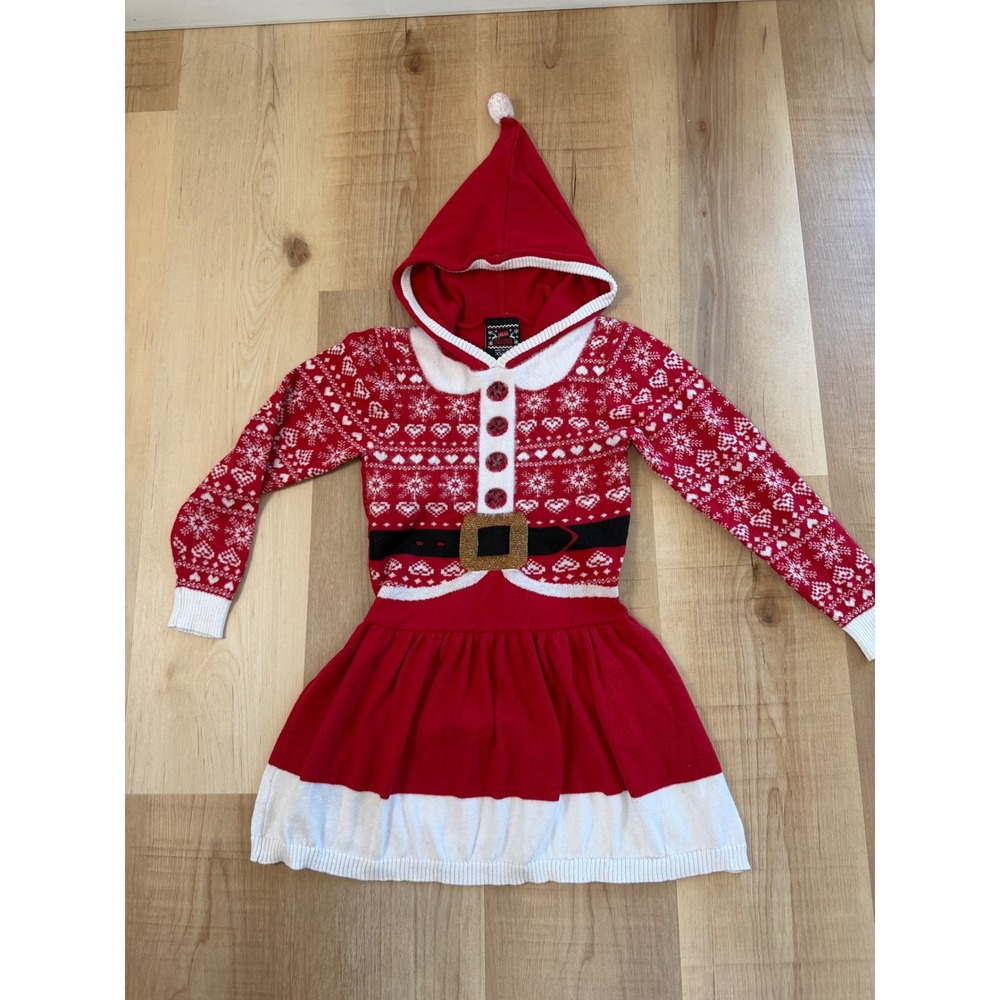 Well Worn Kids Santa Holiday Sweater Dress Red White Hooded Pom Pom Size XS 4-5